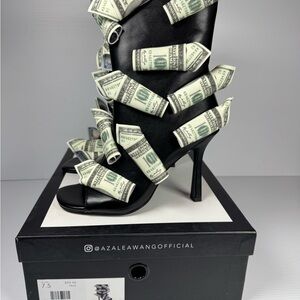 Azalea Wang Dinero Black Money Heels Size 7.5 Dollar Bill Statement Booties NWT
